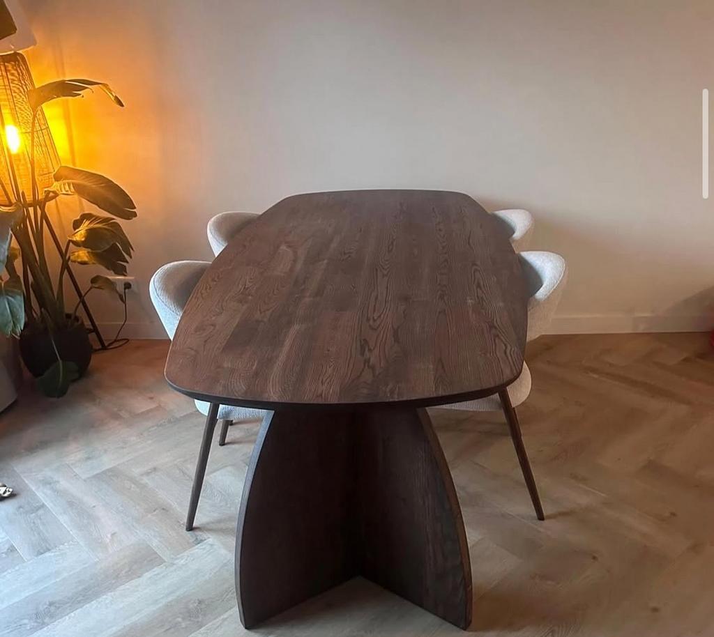 Eiken eettafel Deens ovaal boomstamtafel japandi maanpoot, Huis en Inrichting, 100 tot 150 cm, Eikenhout, 200 cm of meer, Ophalen of Verzenden
