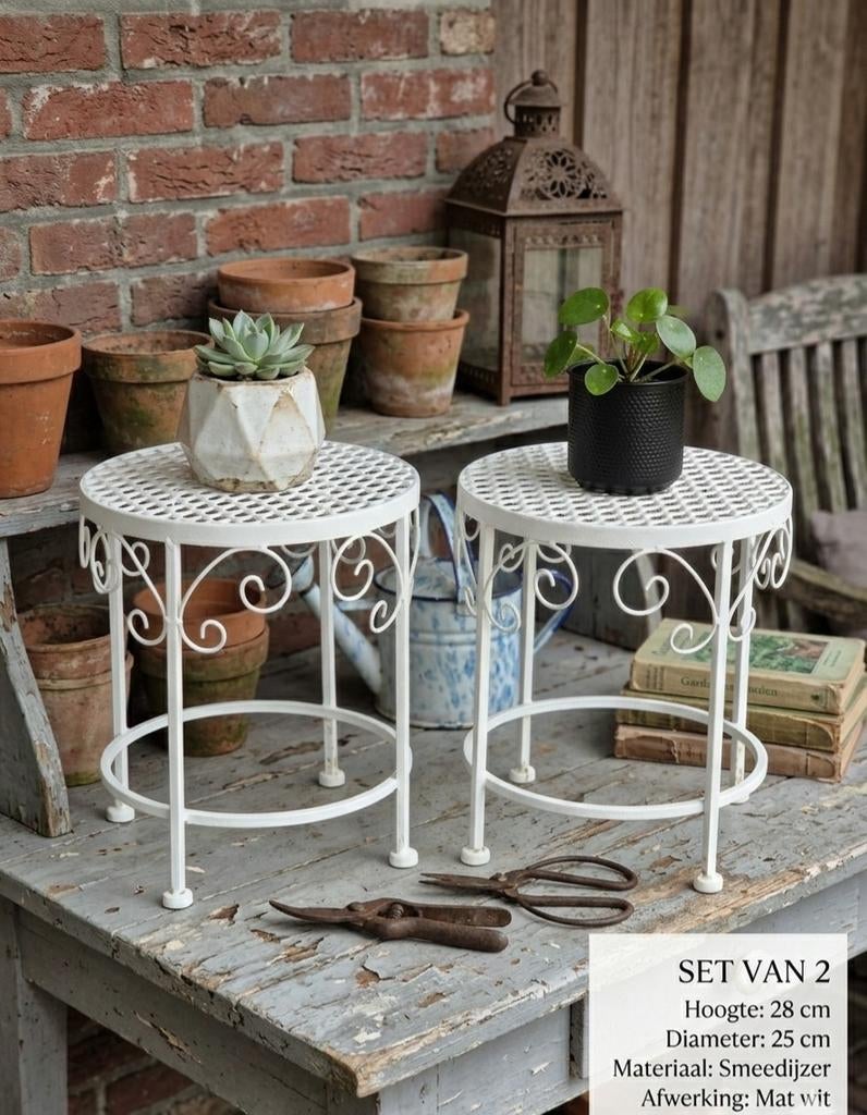 Super Set van 2 Smeedijzeren Plantentafeltjes, Brocante Wit, Ophalen