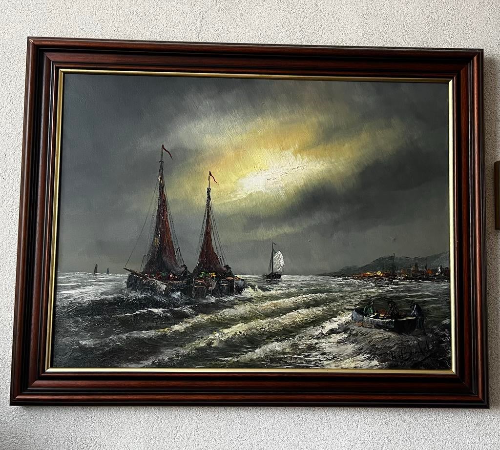 Maritiem Schilderij: Schepen op woelige zee bij zonsondergan, Antiek en Kunst, Kunst | Schilderijen | Klassiek, Ophalen