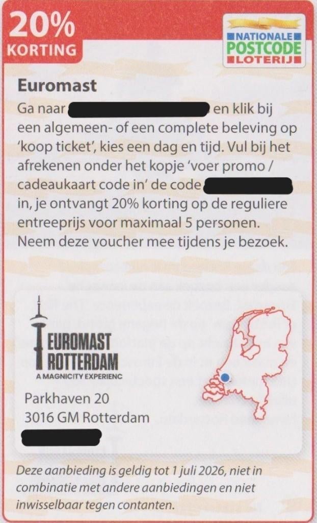 Euromast. Rotterdam. 20% korting. Postcodeloterij voucher., Drie personen of meer, Kortingsbon