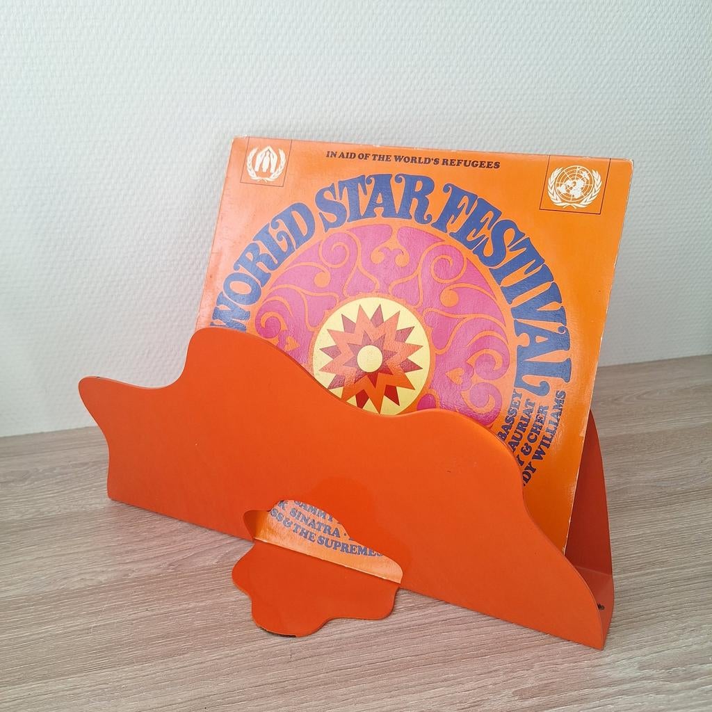 Zware vintage oranje metalen LP / tijdschriften houder, Ophalen of Verzenden, Zo goed als nieuw