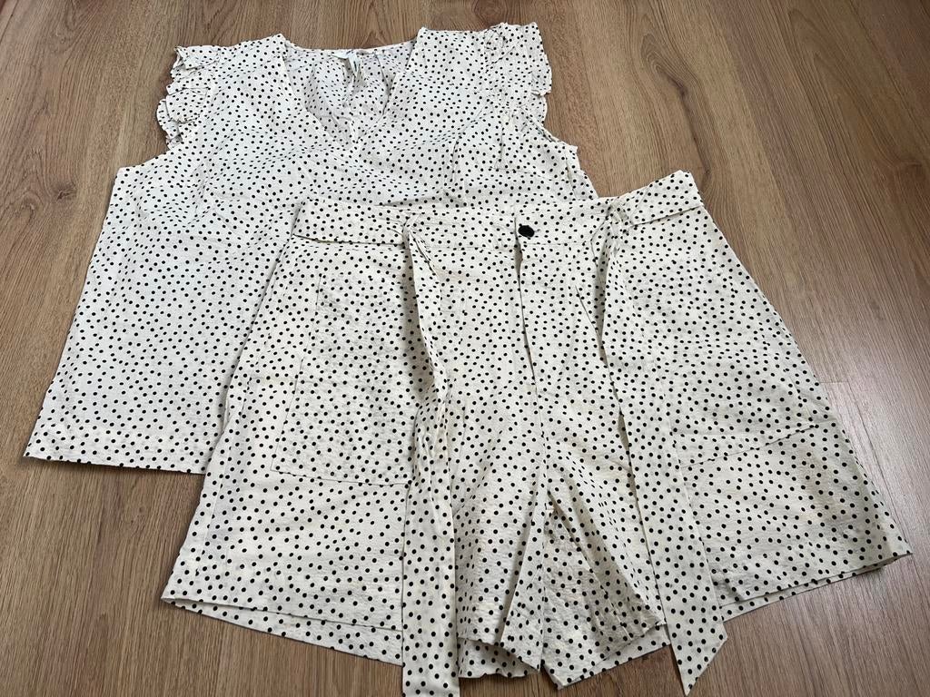 Object short top stippen setje creme roomwit 42 dots zwart, Kostuum of Pak, Wit, Maat 42/44 (L), Ophalen of Verzenden