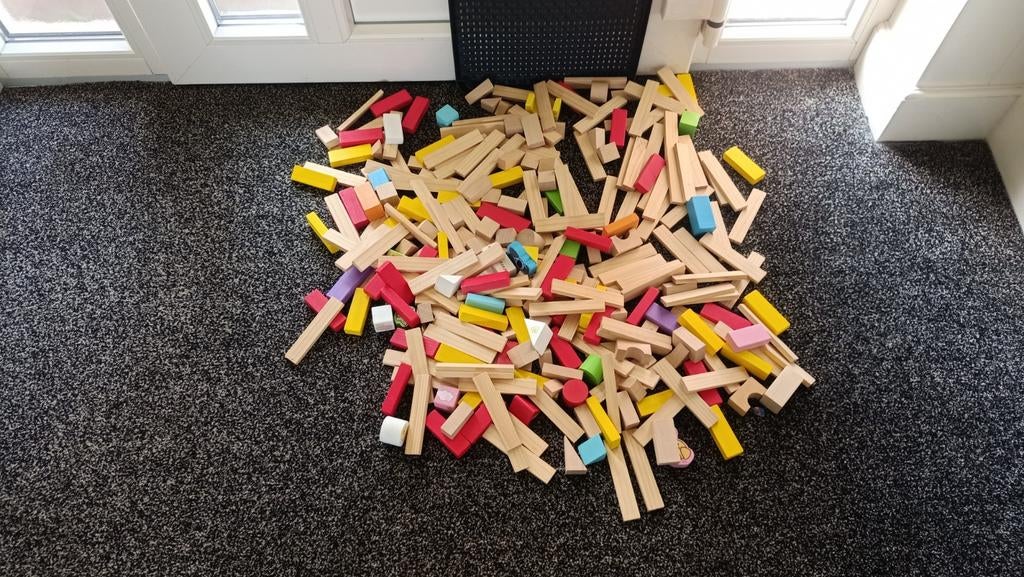 Grote partij houten blokken, diverse kleuren en maten, Ophalen, Gebruikt, Overige merken