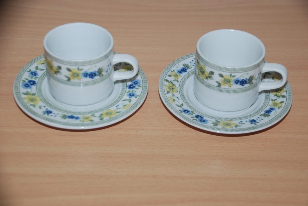 Kop en schotel, wit met blauw/gele rand.          Kahla., Gebruikt, Ophalen of Verzenden, Overige stijlen, Kop(pen) en/of Schotel(s)