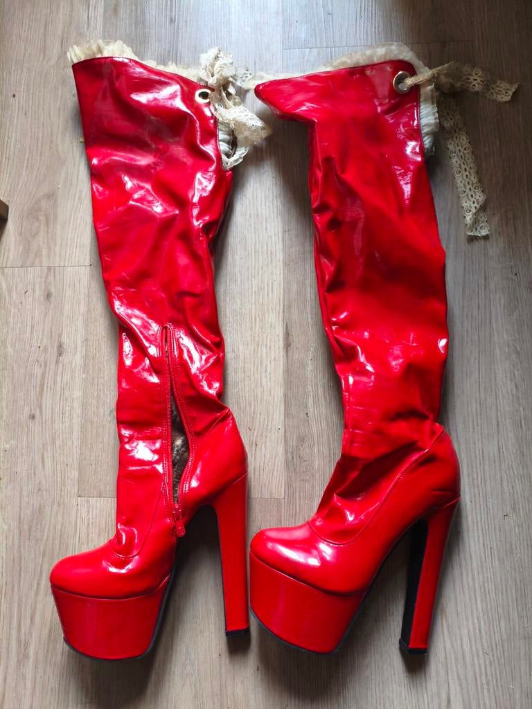 Rode kinky plateauhak laarzen, maat 38, Ophalen of Verzenden, Gedragen, Rood, Hoge laarzen