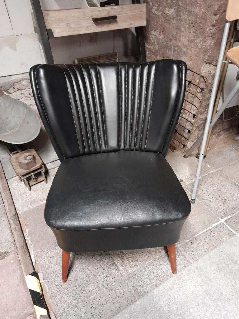 Vintage : zwart skai leren fauteuil Expo '58, Huis en Inrichting, Ophalen, Gebruikt, Zwart, Eén