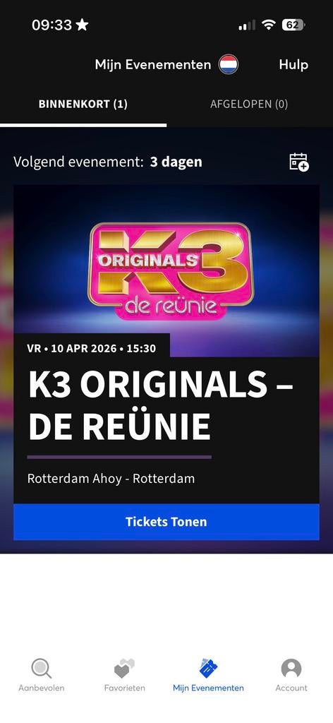 K3 vrijdag 10 april , 15:30, Eén persoon