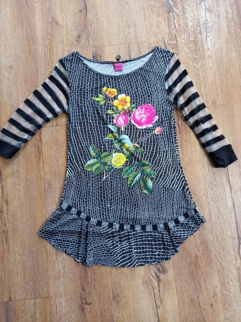 Save the Queen! Tuniek met bloemenprint en streepmouwen, Kleding | Dames, Maat 38/40 (M), Zwart, Save the Queen!, Ophalen of Verzenden