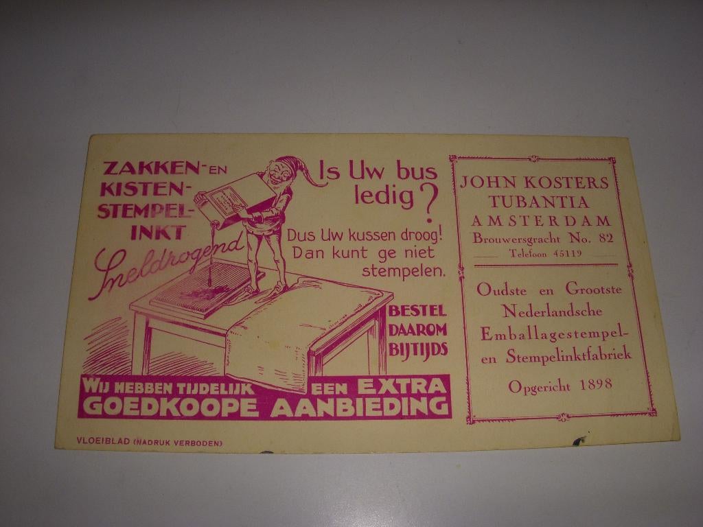 OUD vloeiblad Stempel inkt, John Kosters Tubantia A'dam 1930, Ophalen of Verzenden, Gebruikt, Gebruiksvoorwerp