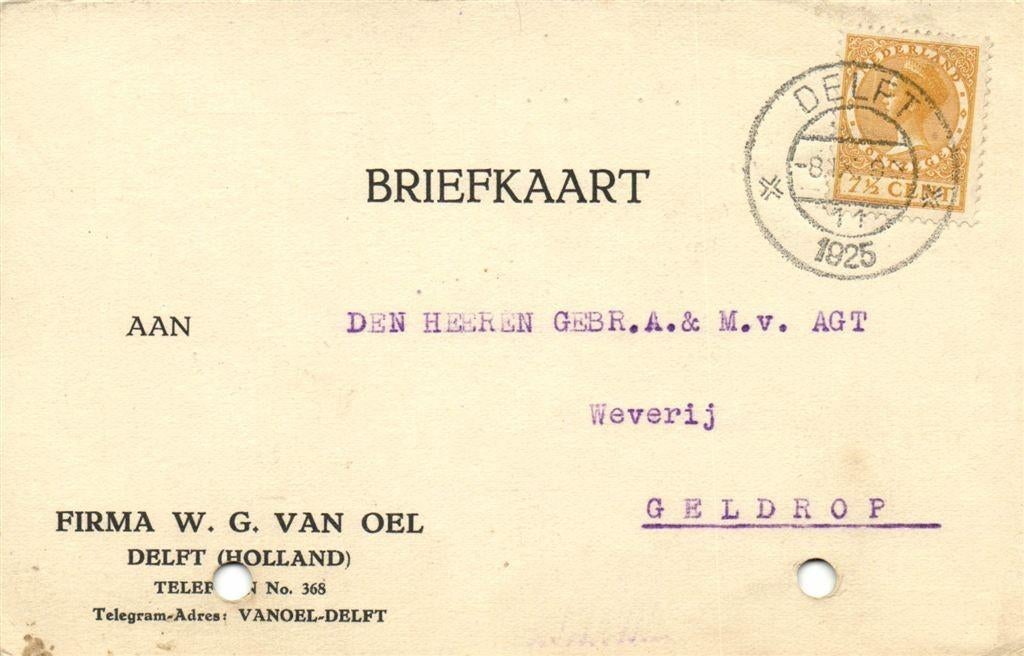 Firma W.G. van Oel, Delft - 09.1925 - briefkaart, Ophalen of Verzenden, Briefkaart
