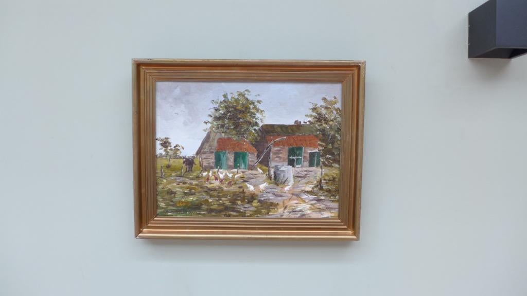 L. van den Heijden (XX) - Boerenerf met kippen en koe, Antiek en Kunst, Kunst | Schilderijen | Klassiek, Ophalen of Verzenden