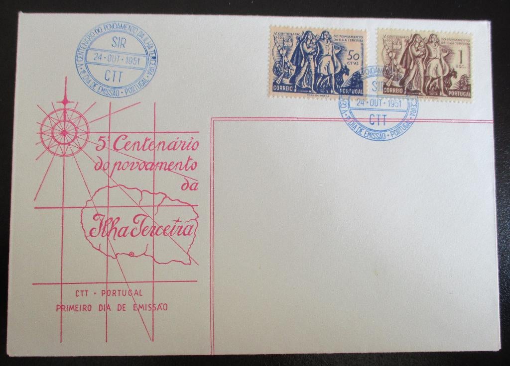 Portugal, FDC serie Kolonisatie Azoren-eiland Terceira, 1951, Verzenden, Portugal, Gestempeld
