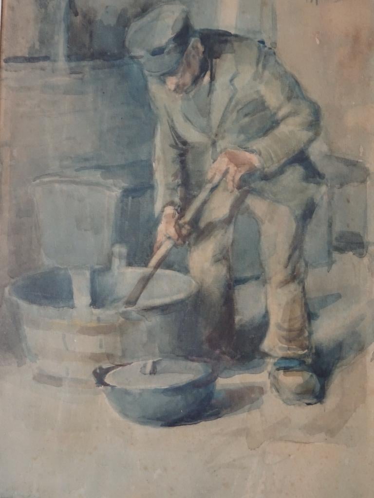 aquarel karnende boer bij boerderij, PM van Walcheren 1910, Verzenden