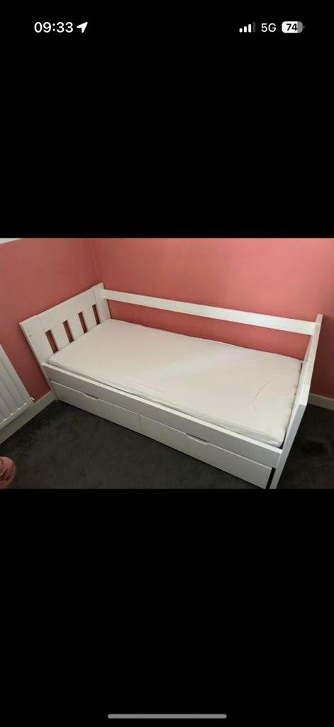 Peuterbed 70x160 met lades en matras, Ophalen, Gebruikt, Wit, 190 cm of minder