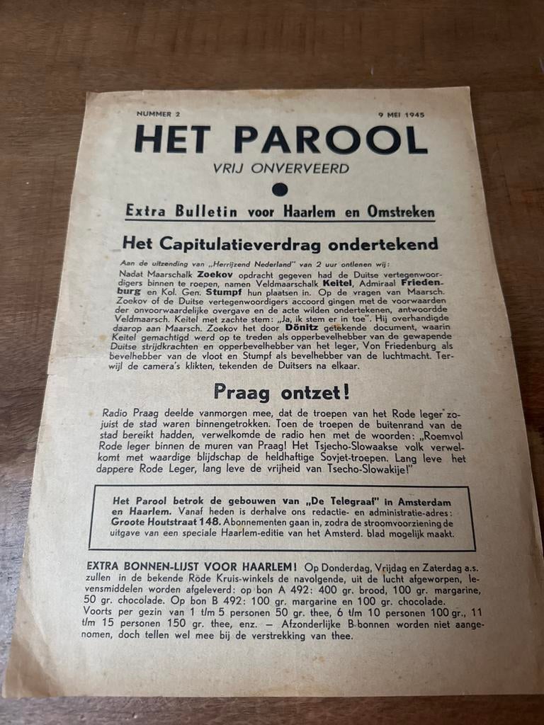 Het Parool 9 mei 1945 – Extra bulletin Bevrijding, Ophalen of Verzenden, Nederland, Boek of Tijdschrift