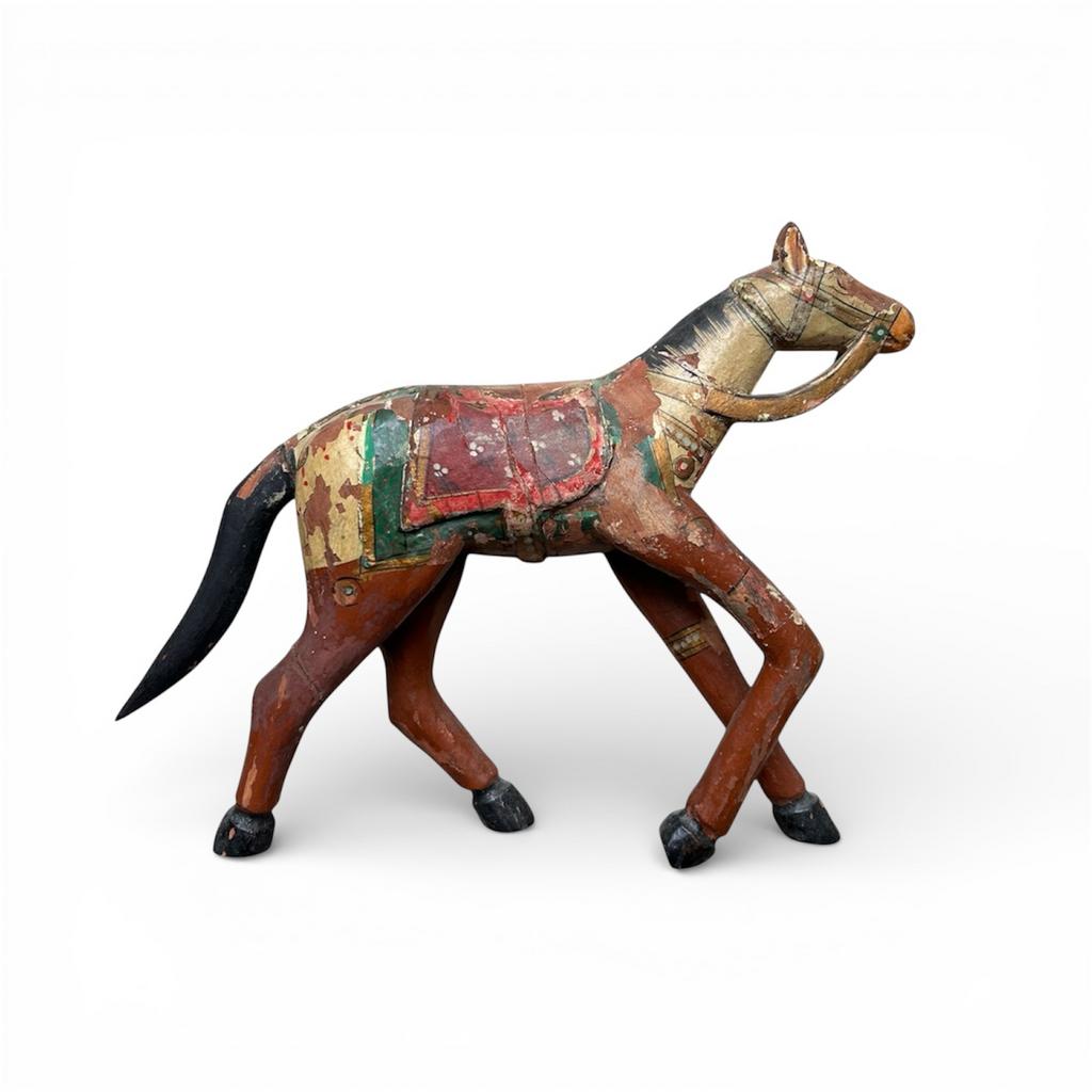 Antiek Indiaas houten Ghodi paard beeldje India Azië ca 1900, Verzamelen, Dierenverzamelingen, Zo goed als nieuw, Beeldje of Figuurtje