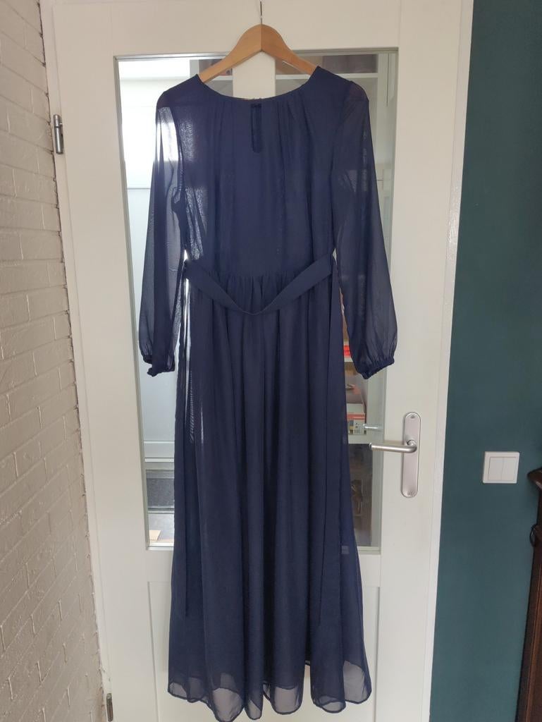 Marineblauwe chiffon jurk (vloerlengte)(bieden v.a.48), Galajurk, Blauw, Maat 42/44 (L), Ophalen of Verzenden