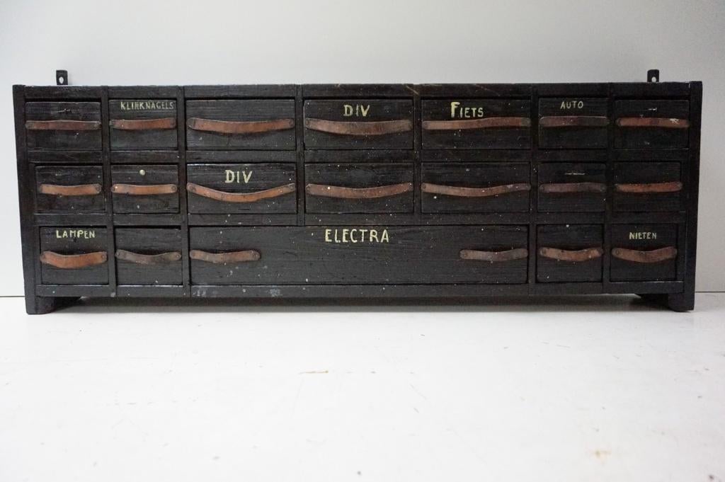 Industrieel vintage ladekastje - hangkastje, Ophalen, Gebruikt, 100 tot 150 cm, Minder dan 100 cm