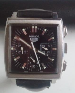 Tag Heuer Monaco Black – heren horloge., Ophalen, Leer, Staal, Polshorloge