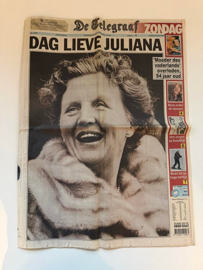 Telegraaf Krant - Overlijden prinses Juliana, Verzamelen, Ophalen of Verzenden, 1980 tot heden, Nederland, Krant