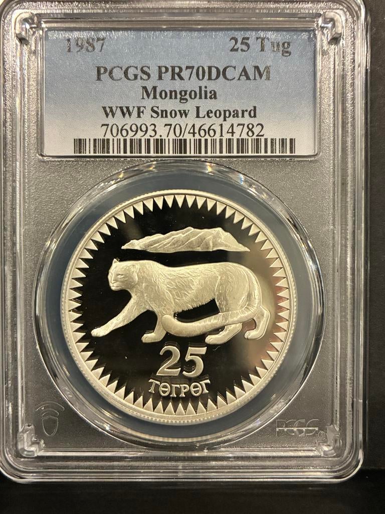 Mongolië 1987 WWF Sneeuwluipaard 25 Tugrik PCGS PR70DCAM, Postzegels en Munten, Munten | Azië, Losse munt, Zilver, Ophalen of Verzenden