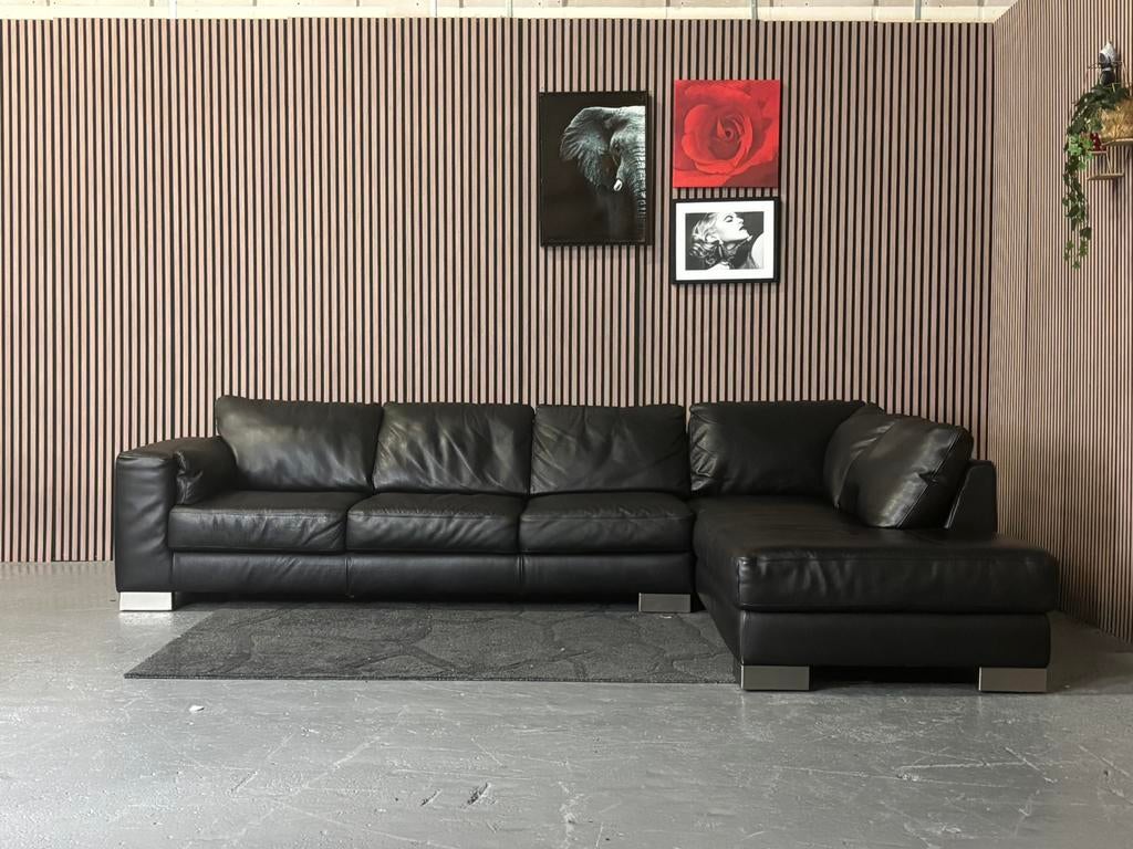 GRATIS LEVERING Hoekbank Leer Zwart 320x220 GEREINIGD, Huis en Inrichting, Banken | Bankstellen, Hoekbank, 300 cm of meer, Leer