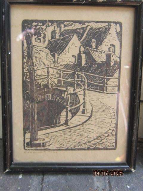 Cornelis van Oel(Scheen)Houtsnede  bruggetje met Monogram, Ophalen of Verzenden