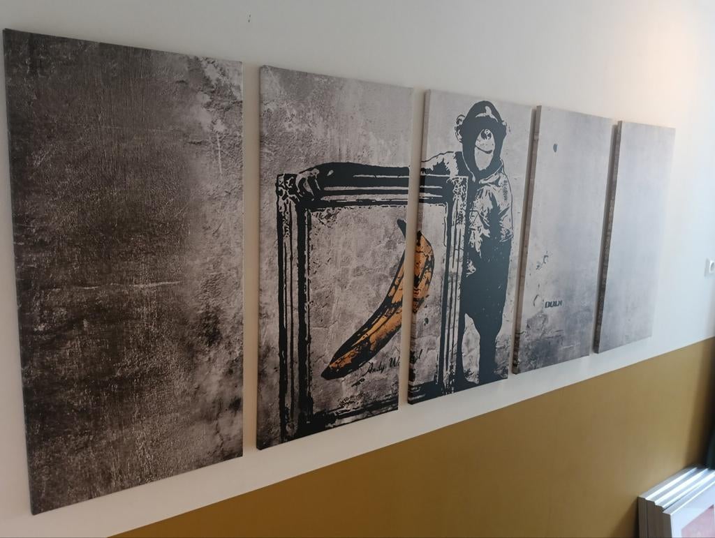 Schilderij 5 luik Banksy / Andy Warhol, Antiek en Kunst, Ophalen of Verzenden