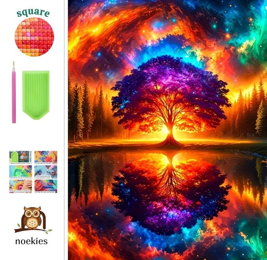 nr 67 Diamond Painting spiegel boom 50x40cm (vierkant), Verzenden, Noekies.com, Nieuw, Meerkleurig
