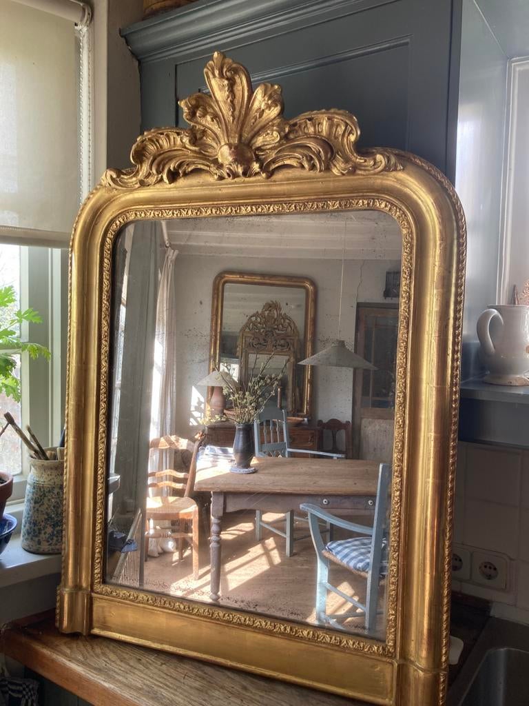 Antieke franse bladgouden spiegel met kuif, Ophalen, Rechthoekig