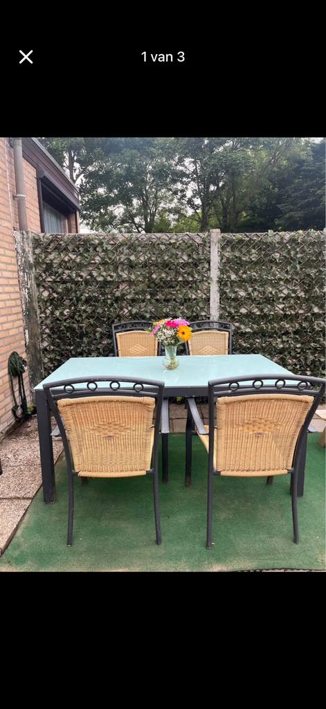 Tuintafel met 4 stoelen, Ophalen, Gebruikt, Metaal, Rechthoekig