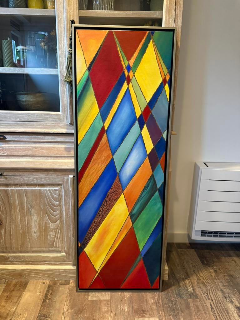 Kleurrijk schilderij 150x50 met zwarte lijst, Antiek en Kunst, Ophalen