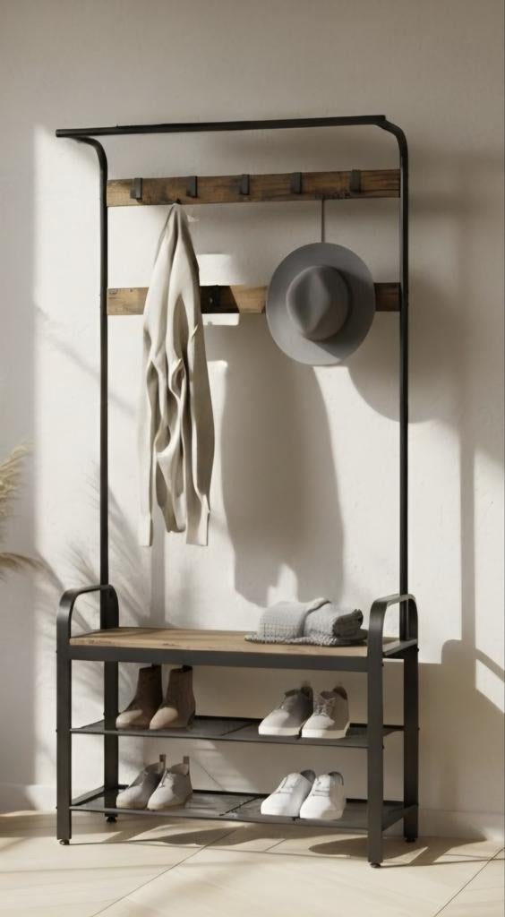 Industriële kapstok met schoenenrek en zitbankje, Ophalen, Zo goed als nieuw, Metaal, 150 tot 200 cm