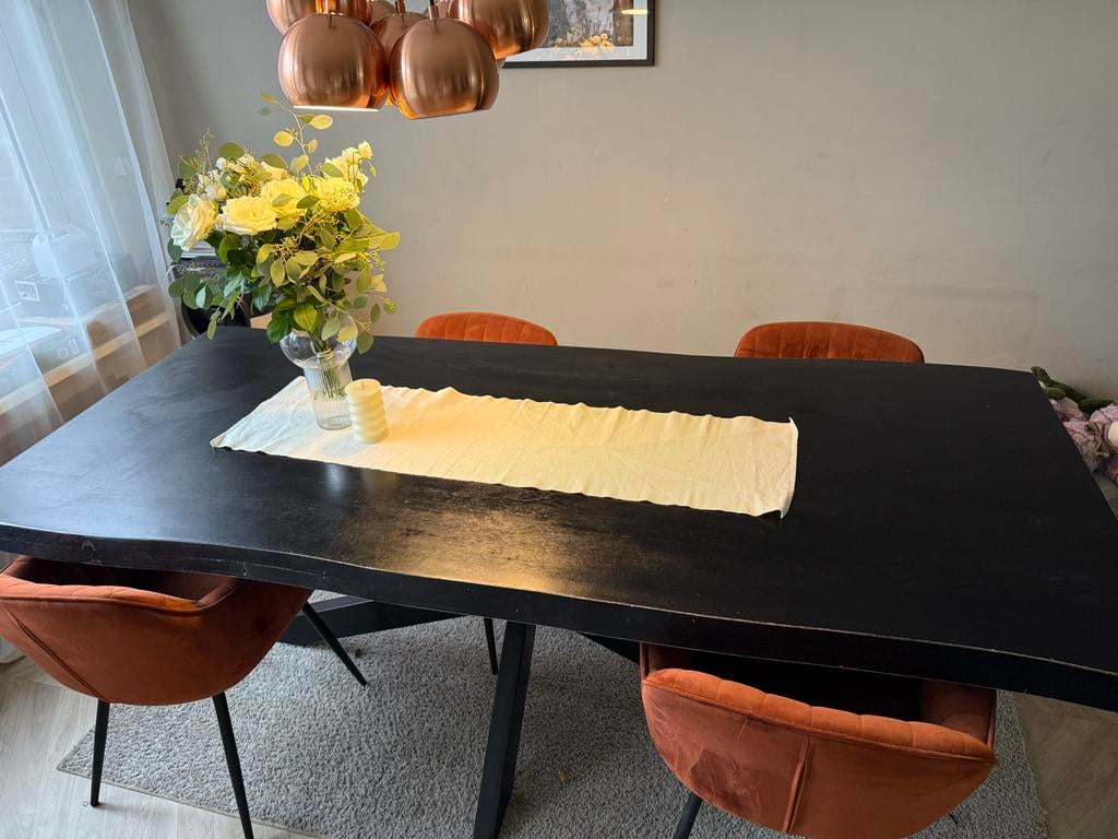 Mangohout eettafel 220cm met organische randen, Ophalen, Gebruikt, 100 tot 150 cm, 200 cm of meer