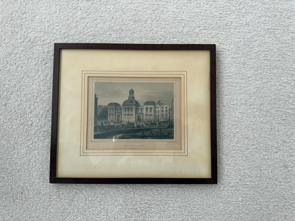 Antieke kopergravure Beurs Rotterdam, ingelijst (29x25 cm), Antiek en Kunst, Ophalen of Verzenden