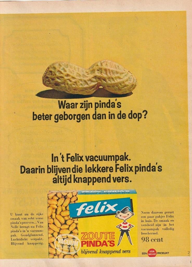 retro reclame 1966 Felix zoute pinda's knapperend vers, Verzamelen, Retro, Verzenden, Overige typen