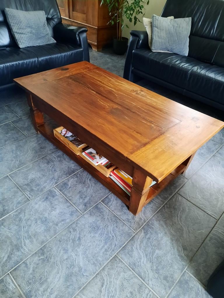 Massief houten salontafel met opbergruimte, Ophalen, Gebruikt, 100 tot 150 cm, Rustiek