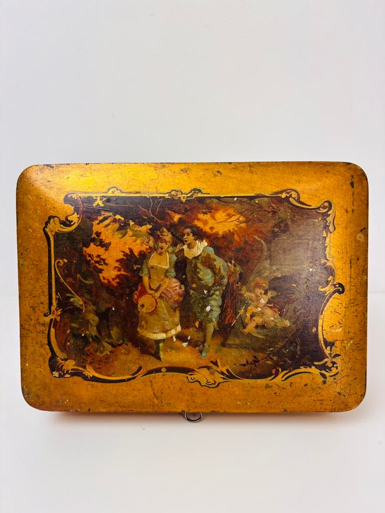 Antieke 19e-eeuwse lakdoos met romantisch tafereel kist, Ophalen of Verzenden