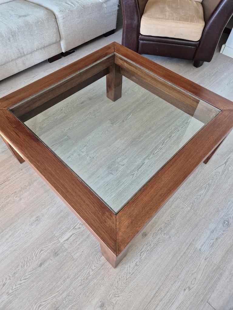 Salontafel met glazen blad, Huis en Inrichting, Tafels | Salontafels, Ophalen, Gebruikt, 100 tot 150 cm, Vierkant