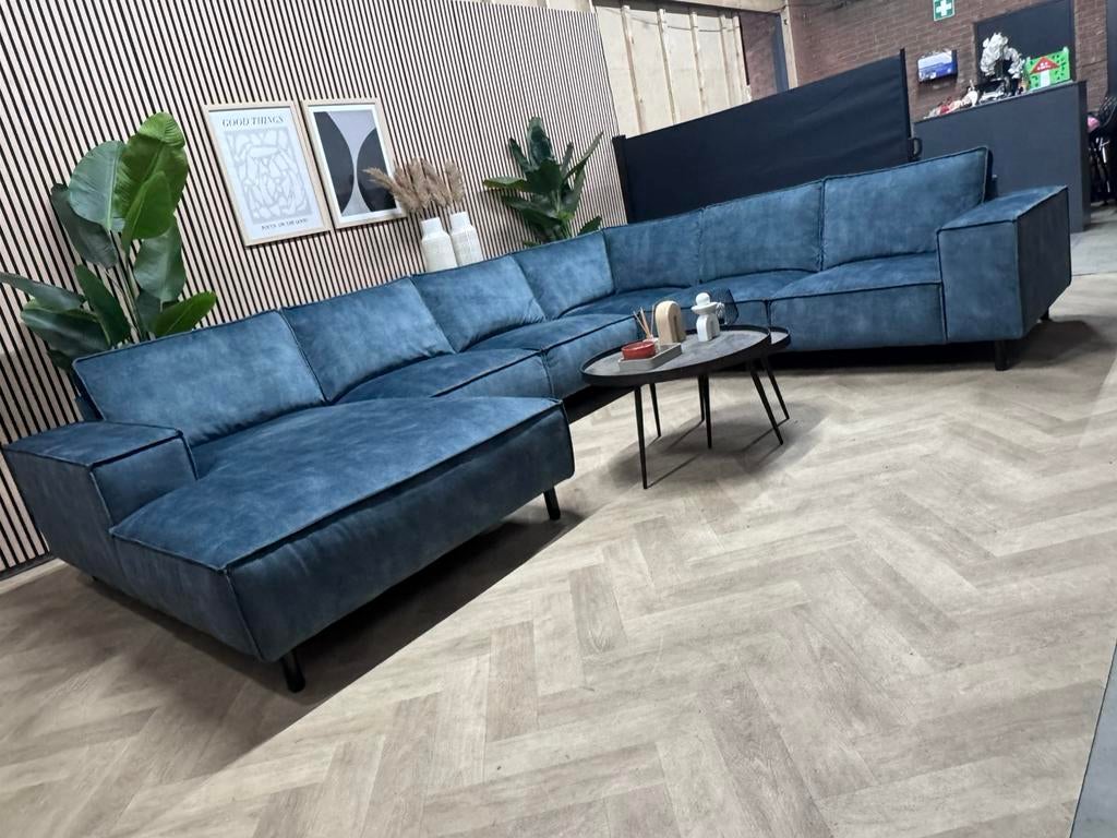 ZGAN Royale Velvet Velours U-Bank/Hoekbank - Blauw - 390cm, Huis en Inrichting, Banken | Bankstellen, -, -, Hoekbank, 300 cm of meer