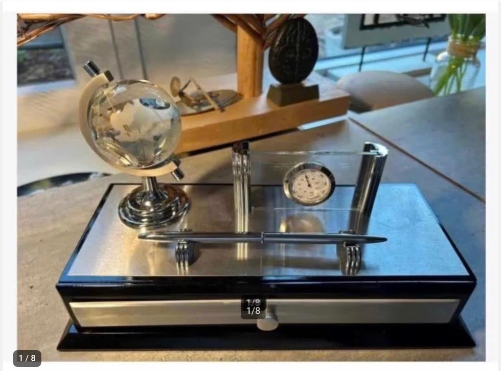 Bureau set klok thermometer pen lade wereldbol, Antiek en Kunst, Ophalen of Verzenden