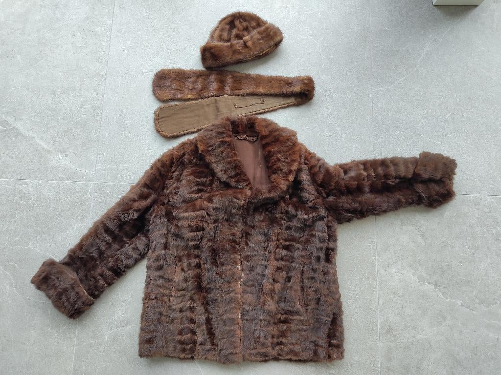 Vintage bontjas met muts en sjaal, Maat 38/40 (M), Bruin, Ophalen of Verzenden, Onbekend