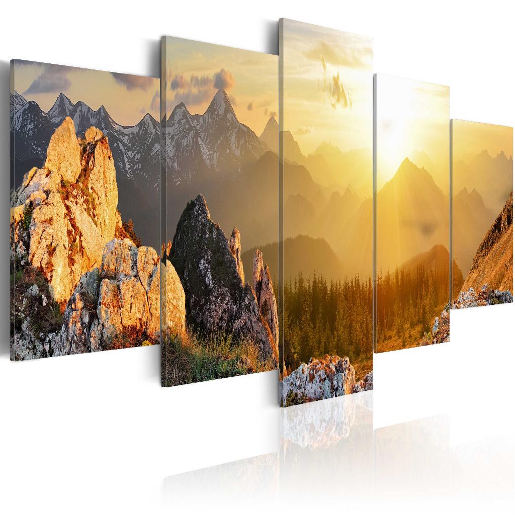 852 Natuur Bergen Sunset 5 Luik Canvas Schilderij 200x100cm, Antiek en Kunst, Kunst | Schilderijen | Klassiek, Ophalen of Verzenden