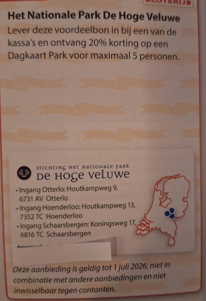Nationale Park De Hoge Veluwe 20% korting, Tickets en Kaartjes, Drie personen of meer, Kortingsbon