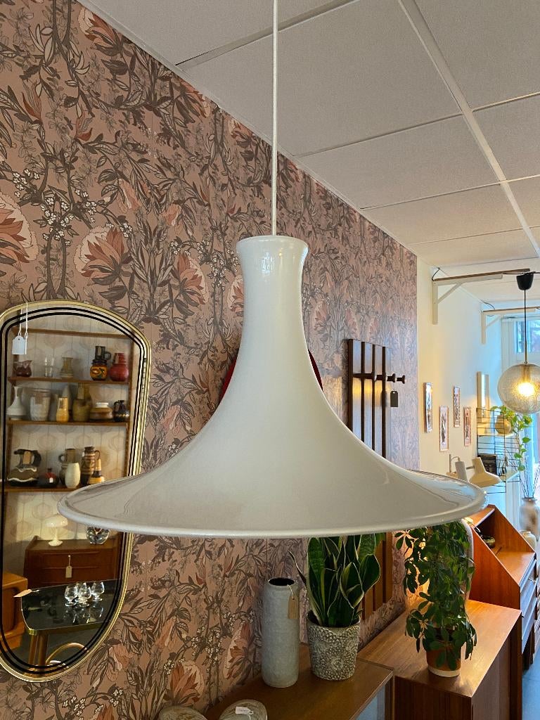 Holmegaard Mandarin hanglamp wit opalineglas maat L, Ophalen, Vintage Deens design, Gebruikt, Glas
