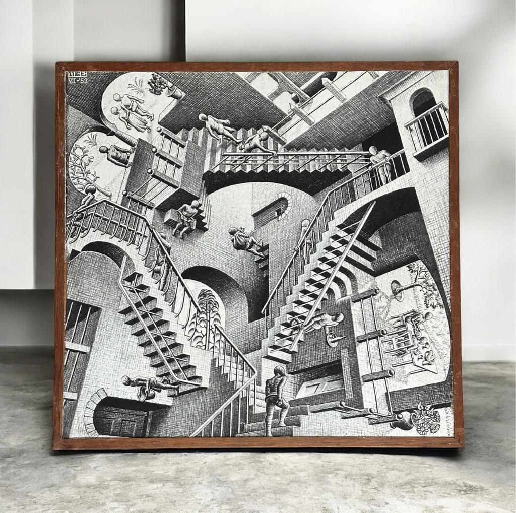 Vintage Escher Lithografie op Hout - 44x44cm, Antiek en Kunst, Kunst | Etsen en Gravures, Ophalen of Verzenden