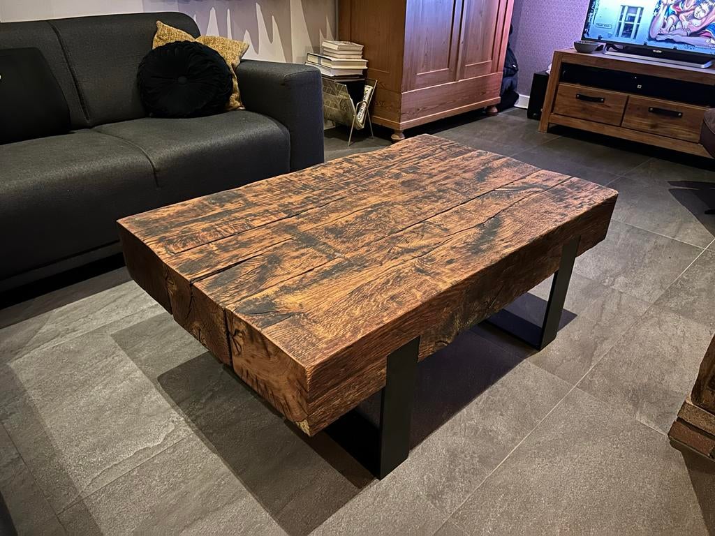Robuuste Oud Eiken Bielzen Salontafel - Uniek & Duurzaam!, Huis en Inrichting, Tafels | Salontafels, Ophalen, Gebruikt, 100 tot 150 cm