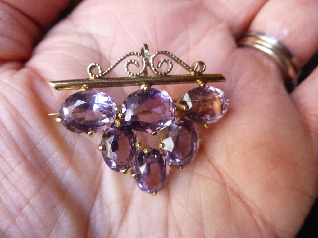 14 kt Gouden Antieke Hanger/Broche facetgeslepen Amethisten, Sieraden, Tassen en Uiterlijk, Antieke sieraden, Verzenden, Goud