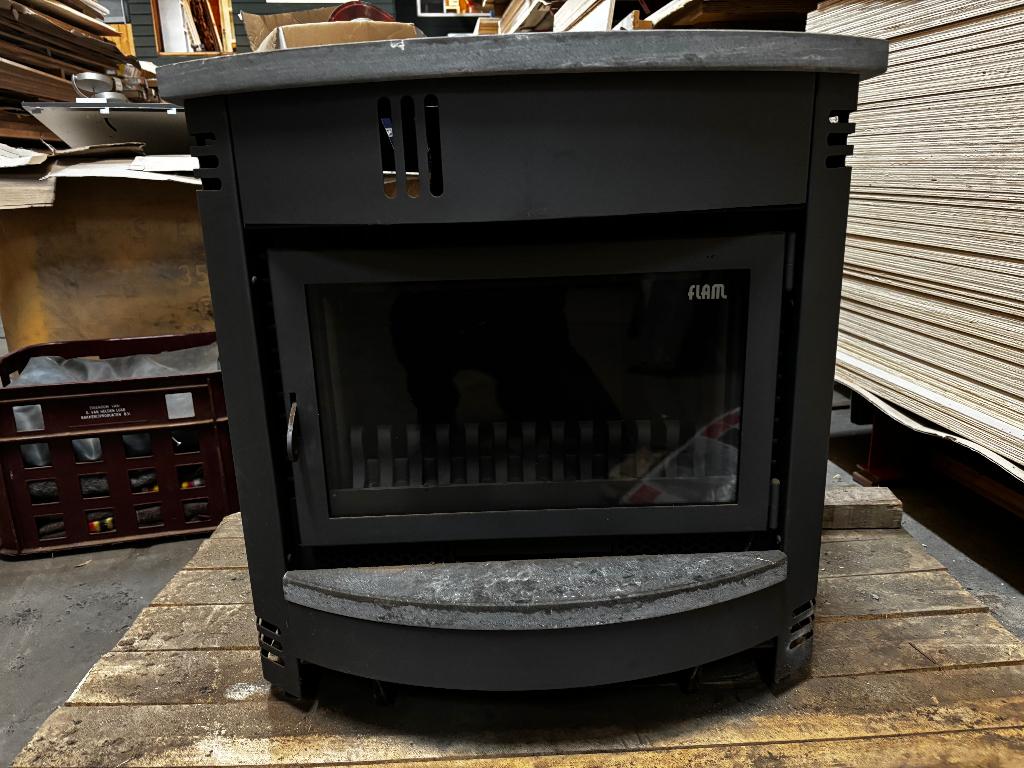 Houtkachel, FLAM, voorzien van speksteen, Huis en Inrichting, Ophalen, Gebruikt, Houtkachel, Vrijstaand