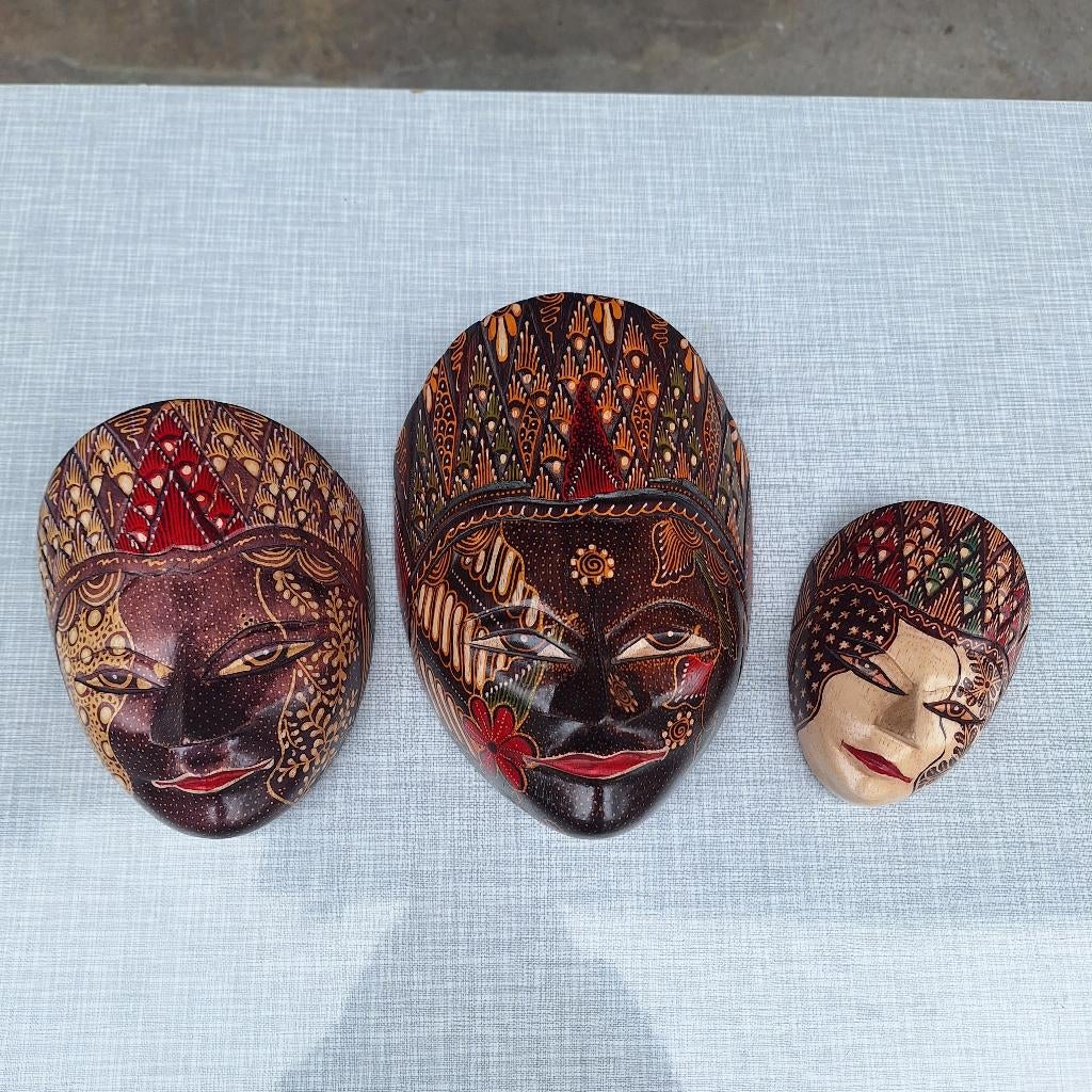 3 Houten Balinese Maskers / Batik Topeng, Ophalen of Verzenden